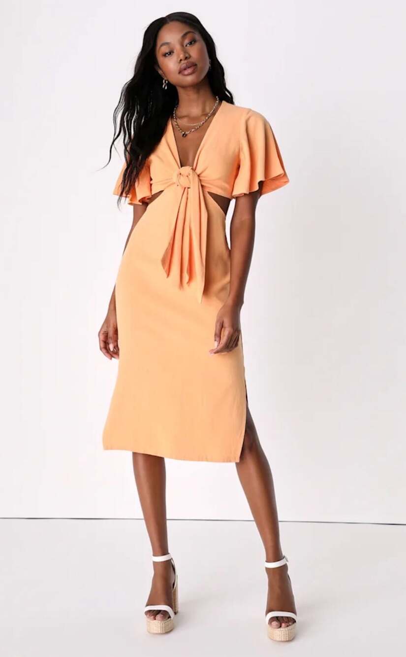 Lulus Summer Journey Light Orange Tie-Front Cutout Midi Dress